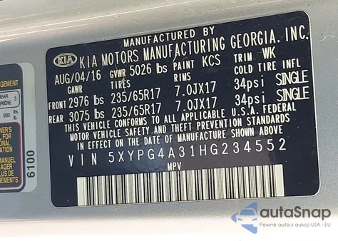 2017 Kia Sorento 2.4L Lx из США, поврежденный, VIN 5XYPG4A31HG234552